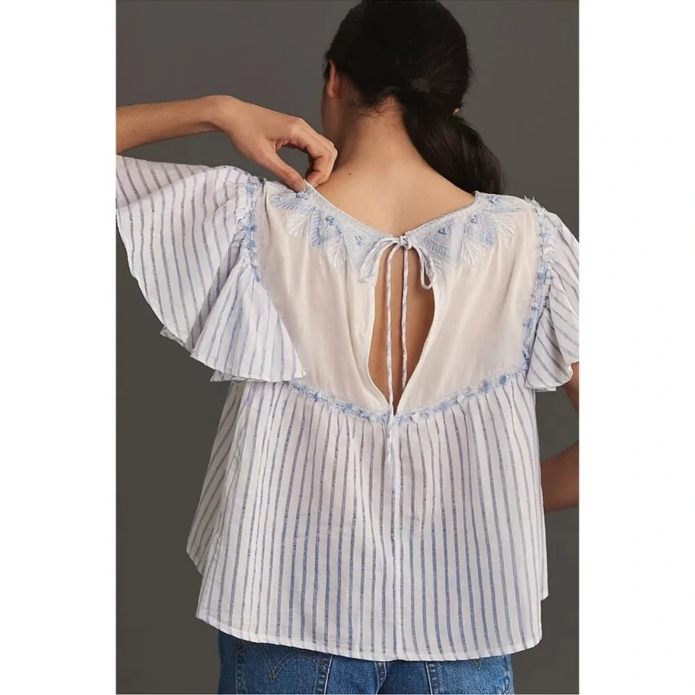 Anthropologie light Blue Striped Flutter Sleeve Embroidered Women’s Top xs - Picture 2 of 6